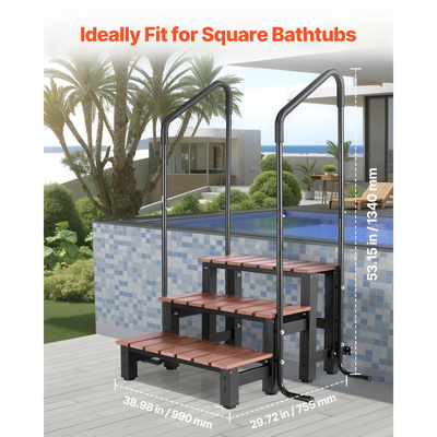 Σκαλοπάτι υδρομασάζ VEVOR με χειρολισθήρα, Εξωτερική σκάλα σπα με 3 σκαλοπάτια, Βαρέως τύπου υπέργεια/φουσκωτή σκάλα πισίνας πλάτους 640,1 mm με χωρητικότητα βάρους 249,5 kg, Πολλαπλής χρήσης για βεράντα, αίθριο, κατάστρωμα, ρυμουλκούμενα