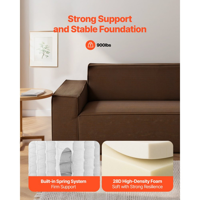 Μοντέρνος καναπές VEVOR 2110 mm, Άνετος καναπές από κορδόνι με βαθιά καθίσματα, Καναπές Cloud με φαρδιά μπράτσα, Δεν απαιτείται συναρμολόγηση, Μεγάλος βελούδινος καναπές ιδανικός για σαλόνι, υπνοδωμάτιο, διαμέρισμα και γραφείο, καφέ