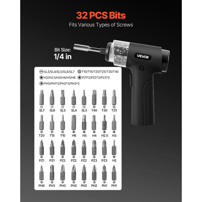 Ηλεκτρικό κατσαβίδι VEVOR, 7 ρυθμίσεις ροπής 0,5-5 Nm, μπαταρία 2500mAh, σετ κατσαβιδιών χωρίς καλώδιο με 32 μύτες 1/4 ίντσας, ψηφιακή οθόνη, φως LED, φόρτιση τύπου C, για ηλεκτρολογικές επισκευές επίπλων