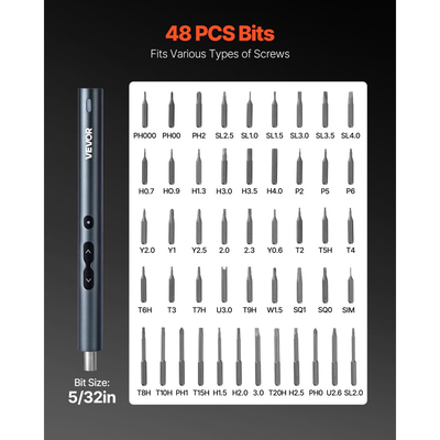 Σετ ηλεκτρικών κατσαβιδιών ακριβείας VEVOR, 48 μαγνητικές μύτες, μίνι ηλεκτρικό κατσαβίδι με μαγνητικό κουτί αποθήκευσης, ατσάλινες μύτες S2, φως LED, φόρτιση τύπου C, για επισκευή τηλεφώνων, φορητών υπολογιστών και ηλεκτρονικών ειδών