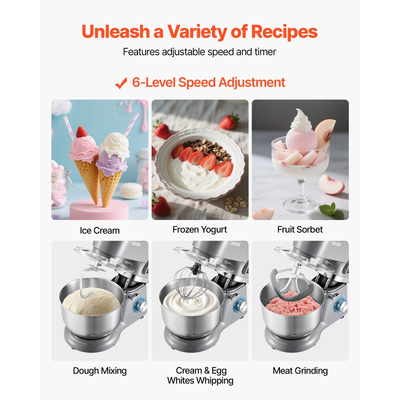 Παγωτομηχανή VEVOR, Χωρητικότητα 1,7 L, Ηλεκτρικό Μίξερ 6 Ταχυτήτων, με Ψηφιακή Οθόνη LED & Χρονοδιακόπτη, Αναδευτήρα, Γάντζο Ζύμης, Προστατευτικό Πιτσιλίσματος, για Σπιτικό Παγωτό Σορμπέ με Παγωμένο Γιαούρτι και Φρούτα, Γκρι