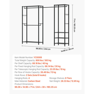 Ράφι ρούχων VEVOR, Ράφι ρούχων βαρέως τύπου, Ανεξάρτητες ράφιες ρούχων με ατσάλινο σκελετό, Ντουλάπα-ντουλάπα με χωρητικότητα 363 kg με ράφια αποθήκευσης για υπνοδωμάτιο, κατάστημα ρούχων, διάδρομο