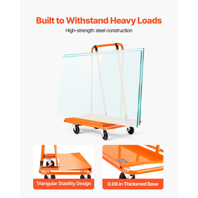 Καρότσι γυψοσανίδας VEVOR, Χωρητικότητα φορτίου 816 kg, Καρότσι από ατσάλι με 4 περιστρεφόμενους τροχούς, Ανθεκτική και μακράς διαρκείας, Καρότσι φορτηγού με ιμάντα πρόσδεσης για κόντρα πλακέ, γυψοσανίδα, γυαλί, πορτοκαλί
