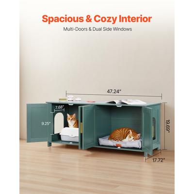 Θήκη άμμου άμμου γάτας VEVOR για πολλές γάτες, Κρυφό ντουλάπι άμμου άμμου 120cm με 4 πόρτες & 2 εισόδους, Εσωτερική τουαλέτα γάτας, Ξύλινο βοηθητικό τραπεζάκι για γατάκια, Ταιριάζει στις περισσότερες αμμολεκάνες, Πράσινο