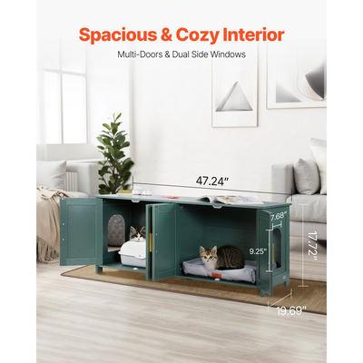 Θήκη άμμου άμμου γάτας VEVOR για πολλές γάτες, Κρυφό ντουλάπι άμμου άμμου 120 cm με 4 πόρτες από ρατάν και 2 εισόδους, Εσωτερική τουαλέτα γάτας, Ξύλινα έπιπλα σπιτιού για γάτες, Ταιριάζει στις περισσότερες αμμολεκάνες, Πράσινο