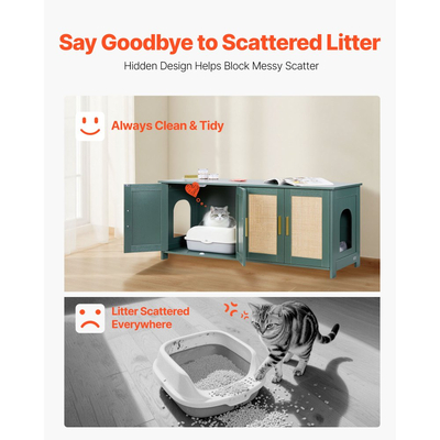 Θήκη άμμου άμμου γάτας VEVOR για πολλές γάτες, Κρυφό ντουλάπι άμμου άμμου 120 cm με 4 πόρτες από ρατάν και 2 εισόδους, Εσωτερική τουαλέτα γάτας, Ξύλινα έπιπλα σπιτιού για γάτες, Ταιριάζει στις περισσότερες αμμολεκάνες, Πράσινο