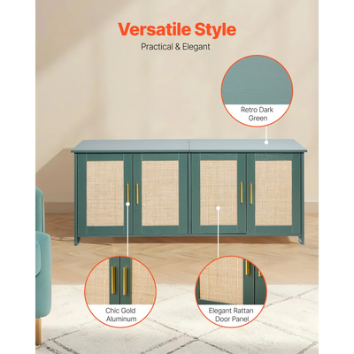 Θήκη άμμου άμμου γάτας VEVOR για πολλές γάτες, Κρυφό ντουλάπι άμμου άμμου 120 cm με 4 πόρτες από ρατάν και 2 εισόδους, Εσωτερική τουαλέτα γάτας, Ξύλινα έπιπλα σπιτιού για γάτες, Ταιριάζει στις περισσότερες αμμολεκάνες, Πράσινο