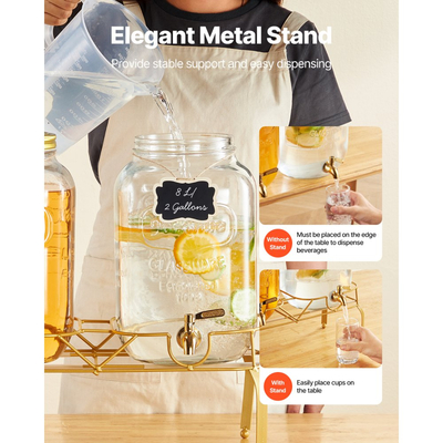 Διανομέας ποτών VEVOR, Συσκευασία 2 διανομέων ποτών 8L για πάρτι, Γυάλινος διανομέας χυμού με μεταλλική βάση, Βρύση από ανοξείδωτο ατσάλι, Εγχυτήρας, Διανομείς νερού με παγωμένο τσάι, λεμονάδα και χυμό για πάρτι