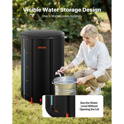 Πτυσσόμενο βαρέλι βροχής VEVOR, φορητό βαρέλι συλλογής βρόχινου νερού 250 λίτρων, σύστημα συλλογής βρόχινου νερού PVC 500D, δοχείο αποθήκευσης δεξαμενής συλλογής νερού κήπου με κιτ βρύσης και υπερχείλισης, μαύρο