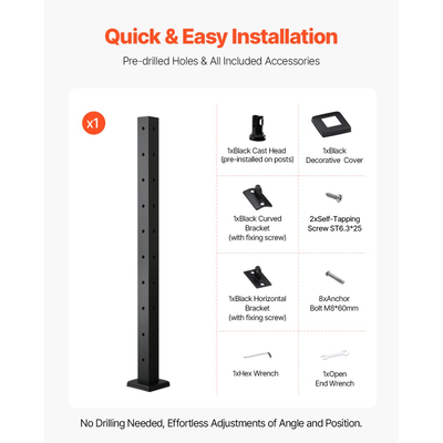 Στύλος κιγκλιδώματος καλωδίων VEVOR, γωνιακός στύλος κιγκλιδώματος 36x2x2 ιντσών, με προ-τρυπημένες οπές σε σχήμα L, στύλος κιγκλιδώματος καλωδίων από ανοξείδωτο χάλυβα με οριζόντια και καμπύλη βάση, 1 τεμάχιο, μαύρο, 1JZLGZXHS914ZPBNY001V0