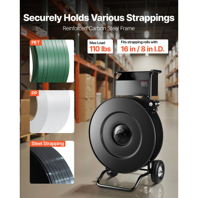 Καρότσι δεσίματος με ταινία VEVOR, κατάλληλο για πηνία δεσίματος PET / PP / χάλυβα με μέγεθος πυρήνα 20,3/40,6 cm, βαρέως τύπου διανομέας δεσίματος εξοπλισμένος με αναβαθμισμένο φρένο τυμπάνου, ενσωματωμένο ευρύχωρο δίσκο για εργαλεία