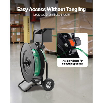 Καρότσι δεσίματος με ταινία VEVOR, κατάλληλο για πηνία δεσίματος PET / PP / χάλυβα με μέγεθος πυρήνα 20,3/40,6 cm, βαρέως τύπου διανομέας δεσίματος εξοπλισμένος με αναβαθμισμένο φρένο τυμπάνου, ενσωματωμένο ευρύχωρο δίσκο για εργαλεία