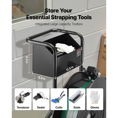 Καρότσι δεσίματος με ταινία VEVOR, κατάλληλο για πηνία δεσίματος PET / PP / χάλυβα με μέγεθος πυρήνα 20,3/40,6 cm, βαρέως τύπου διανομέας δεσίματος εξοπλισμένος με αναβαθμισμένο φρένο τυμπάνου, ενσωματωμένο ευρύχωρο δίσκο για εργαλεία