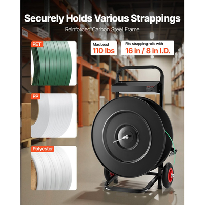Καρότσι δεσίματος με ταινία VEVOR, κατάλληλο για πηνία δεσίματος PET/PP/πολυεστέρα με μέγεθος πυρήνα 20,3/40,6 cm, βαρέως τύπου διανομέας δεσίματος εξοπλισμένος με σύστημα αναβάθμισης φρένων, ενσωματωμένος ευρύχωρος δίσκος για εργαλεία