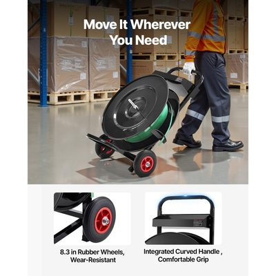 Καρότσι δεσίματος με ταινία VEVOR, κατάλληλο για πηνία δεσίματος PET/PP/πολυεστέρα με μέγεθος πυρήνα 20,3/40,6 cm, βαρέως τύπου διανομέας δεσίματος εξοπλισμένος με σύστημα αναβάθμισης φρένων, ενσωματωμένος ευρύχωρος δίσκος για εργαλεία