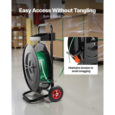 Καρότσι δεσίματος με ταινία VEVOR, κατάλληλο για πηνία δεσίματος PET/PP/πολυεστέρα με μέγεθος πυρήνα 20,3/40,6 cm, βαρέως τύπου διανομέας δεσίματος εξοπλισμένος με σύστημα αναβάθμισης φρένων, ενσωματωμένος ευρύχωρος δίσκος για εργαλεία