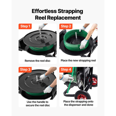 Καρότσι δεσίματος με ταινία VEVOR, κατάλληλο για πηνία δεσίματος PET/PP/πολυεστέρα με μέγεθος πυρήνα 20,3/40,6 cm, βαρέως τύπου διανομέας δεσίματος εξοπλισμένος με σύστημα αναβάθμισης φρένων, ενσωματωμένος ευρύχωρος δίσκος για εργαλεία