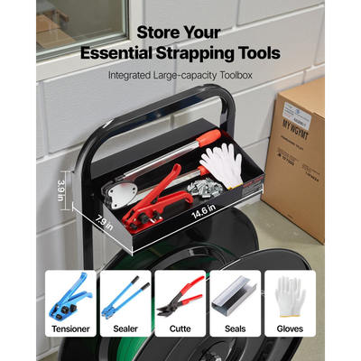 Καρότσι δεσίματος με ταινία VEVOR, κατάλληλο για πηνία δεσίματος PET/PP/πολυεστέρα με μέγεθος πυρήνα 20,3/40,6 cm, βαρέως τύπου διανομέας δεσίματος εξοπλισμένος με σύστημα αναβάθμισης φρένων, ενσωματωμένος ευρύχωρος δίσκος για εργαλεία