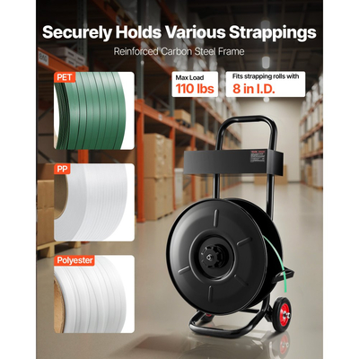 Καρότσι δεσίματος με ταινία VEVOR, κατάλληλο για πηνία δεσίματος PET / PP / πολυεστέρα με μέγεθος πυρήνα 20,3 cm, βαρέως τύπου διανομέας δεσίματος εξοπλισμένος με σύστημα αναβάθμισης φρένων, ενσωματωμένο ευρύχωρο δίσκο για εργαλεία