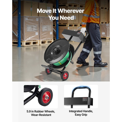 Καρότσι δεσίματος με ταινία VEVOR, κατάλληλο για πηνία δεσίματος PET / PP / πολυεστέρα με μέγεθος πυρήνα 20,3 cm, βαρέως τύπου διανομέας δεσίματος εξοπλισμένος με σύστημα αναβάθμισης φρένων, ενσωματωμένο ευρύχωρο δίσκο για εργαλεία