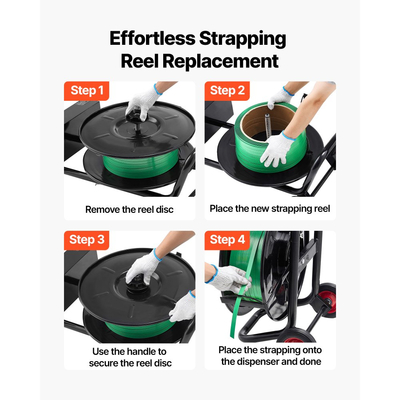 Καρότσι δεσίματος με ταινία VEVOR, κατάλληλο για πηνία δεσίματος PET / PP / πολυεστέρα με μέγεθος πυρήνα 20,3 cm, βαρέως τύπου διανομέας δεσίματος εξοπλισμένος με σύστημα αναβάθμισης φρένων, ενσωματωμένο ευρύχωρο δίσκο για εργαλεία