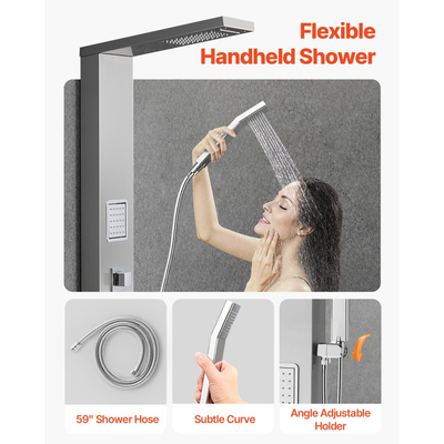 Σύστημα ντους VEVOR με πύργο ντους με κεφαλή ντους με καταρράκτη βροχής, στήλη ντους από βουρτσισμένο ανοξείδωτο ατσάλι 53 ιντσών, βρύση 5 λειτουργιών, επιτοίχιο σύστημα μασάζ βροχής με 2 ακροφύσια σώματος, χειροκίνητο, στόμιο μπανιέρας