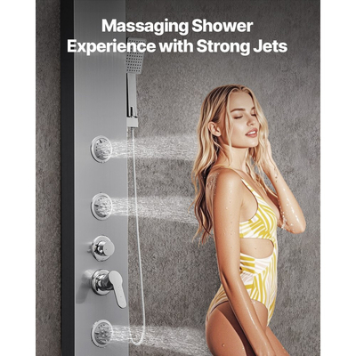 Σύστημα ντους VEVOR με πύργο ντους με κεφαλή ντους με καταρράκτη βροχής, στήλη ντους από βουρτσισμένο ανοξείδωτο ατσάλι 53 ιντσών, βρύση 5 λειτουργιών, επιτοίχιο σύστημα μασάζ βροχής με 3 ακροφύσια σώματος, χειροκίνητο, στόμιο μπανιέρας