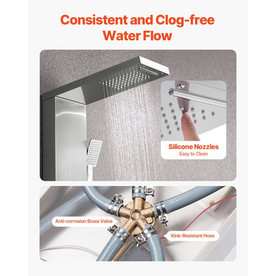 Σύστημα ντους VEVOR με πύργο ντους με κεφαλή ντους με καταρράκτη βροχής, στήλη ντους από βουρτσισμένο ανοξείδωτο ατσάλι 53 ιντσών, βρύση 5 λειτουργιών, επιτοίχιο σύστημα μασάζ βροχής με 3 ακροφύσια σώματος, χειροκίνητο, στόμιο μπανιέρας
