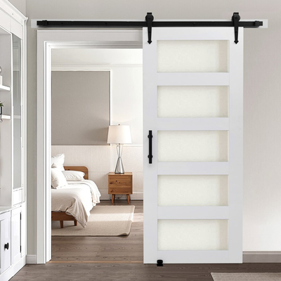 Συρόμενη Πόρτα Αχυρώνα VEVOR, 914 x 2134mm, Πάνελ και Γυαλί Υψηλής Αντοχής από MDF, Πόρτα Αχυρώνα με Κιτ Μηχανισμών, Αδιάβροχη Επιφάνεια PVC, Εύκολη Εγκατάσταση, Πλαίσιο H, Ομαλά και Αθόρυβα Συρόμενη για Σαλόνι