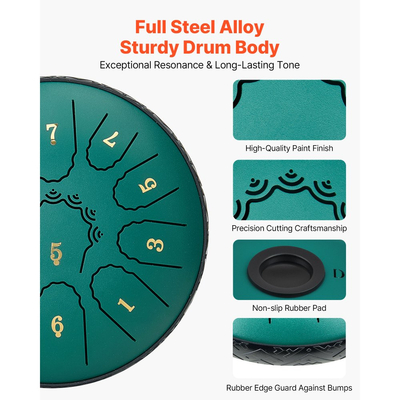 VEVOR Ατσάλινο Τύμπανο με Γλώσσα, 16,5cm 11 Νότες Τύμπανο Βροχής για Εξωτερικό Κήπο, Ρε Μείζονα Μουσικά Τύμπανα με Βιβλίο Μουσικής & Σφυράκια, Κρουστά Όργανα για Διαλογισμό Γιόγκα για Αρχάριους, Πράσινο