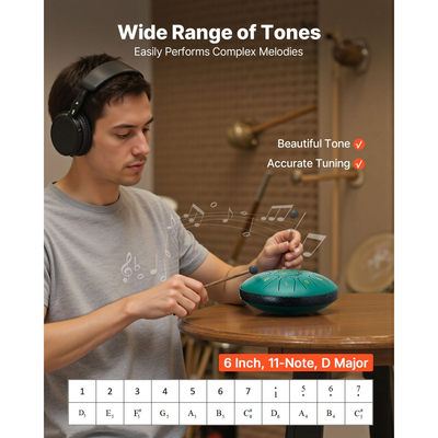 VEVOR Ατσάλινο Τύμπανο με Γλώσσα, 16,5cm 11 Νότες Τύμπανο Βροχής για Εξωτερικό Κήπο, Ρε Μείζονα Μουσικά Τύμπανα με Βιβλίο Μουσικής & Σφυράκια, Κρουστά Όργανα για Διαλογισμό Γιόγκα για Αρχάριους, Πράσινο