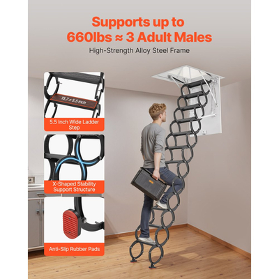 Σκάλα σοφίτας VEVOR, χωρητικότητας 660 λίβρες/299,4 κιλά, για ύψος οροφής 9,5 έως 10,2 πόδια και μέγεθος ανοίγματος 39,4 x 27,5 ίντσες, πτυσσόμενη σκάλα οροφής από κράμα χάλυβα με ράβδο έλξης για στέγη σοφίτας