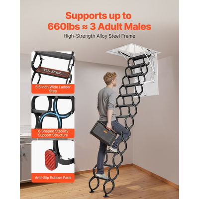 Σκάλα σοφίτας VEVOR, χωρητικότητας 660 λίβρες/299,4 κιλά, για ύψος οροφής 10,5 έως 11 πόδια και μέγεθος ανοίγματος 39,4 x 27,5 ίντσες, πτυσσόμενη σκάλα οροφής από κράμα χάλυβα με ράβδο έλξης για στέγη σοφίτας