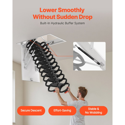 Σκάλα σοφίτας VEVOR, χωρητικότητας 660 λίβρες/299,4 κιλά, για ύψος οροφής 10,5 έως 11 πόδια και μέγεθος ανοίγματος 39,4 x 27,5 ίντσες, πτυσσόμενη σκάλα οροφής από κράμα χάλυβα με ράβδο έλξης για στέγη σοφίτας