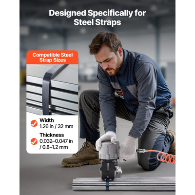 Πνευματική μηχανή δεσίματος χάλυβα VEVOR, δύναμη εφελκυσμού 8500 N, εργαλείο δεσίματος μετάλλου, εντατήρας και κοπτικό στεγανοποιητικό για μεταλλική ταινία πλάτους 32 mm, πρέσα βαρέως τύπου για συσκευασία υψηλής εφελκυσμού