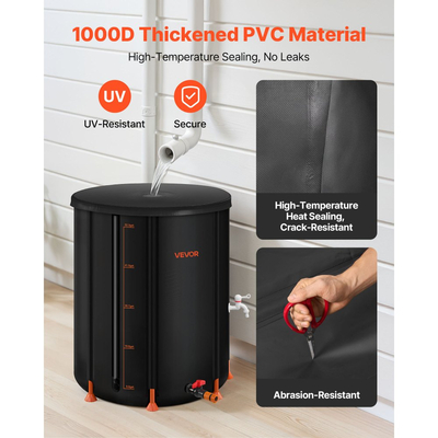 Πτυσσόμενο βαρέλι βροχής VEVOR, φορητό βαρέλι συλλογής βρόχινου νερού 201 λίτρων, σύστημα συλλογής βρόχινου νερού από PVC 1000D, δοχείο αποθήκευσης δεξαμενής συλλογής νερού κήπου με κιτ βρύσης και υπερχείλισης, μαύρο