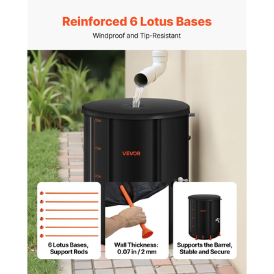 Πτυσσόμενο βαρέλι βροχής VEVOR, φορητό βαρέλι συλλογής βρόχινου νερού 201 λίτρων, σύστημα συλλογής βρόχινου νερού από PVC 1000D, δοχείο αποθήκευσης δεξαμενής συλλογής νερού κήπου με κιτ βρύσης και υπερχείλισης, μαύρο