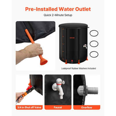 Πτυσσόμενο βαρέλι βροχής VEVOR, φορητό βαρέλι συλλογής βρόχινου νερού 201 λίτρων, σύστημα συλλογής βρόχινου νερού από PVC 1000D, δοχείο αποθήκευσης δεξαμενής συλλογής νερού κήπου με κιτ βρύσης και υπερχείλισης, μαύρο