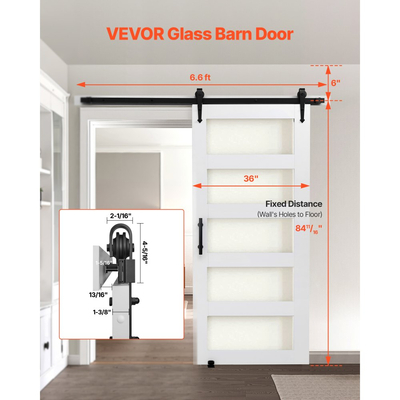 Συρόμενη Πόρτα Αχυρώνα VEVOR, 914 x 2134mm, Πάνελ και Γυαλί Υψηλής Αντοχής από MDF, Πόρτα Αχυρώνα με Κιτ Μηχανισμών, Αδιάβροχη Επιφάνεια PVC, Εύκολη Εγκατάσταση, Πλαίσιο H, Ομαλά και Αθόρυβα Συρόμενη για Σαλόνι