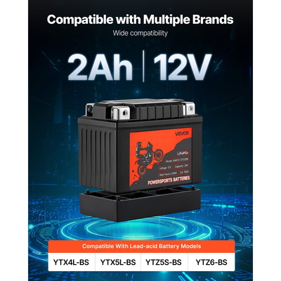 Μπαταρία μοτοσικλέτας VEVOR, 12 Volt 2Ah, προφορτισμένη μπαταρία λιθίου LiFePO4 για Powersports, χωρίς συντήρηση και υψηλής απόδοσης, συμβατή με ATV, μοτοσικλέτα, τζετ σκι, σκούτερ, UTV και άλλα