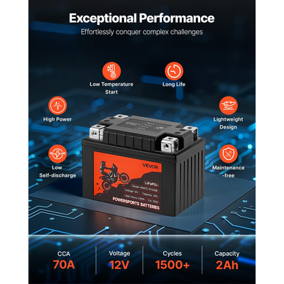 Μπαταρία μοτοσικλέτας VEVOR, 12 Volt 2Ah, προφορτισμένη μπαταρία λιθίου LiFePO4 για Powersports, χωρίς συντήρηση και υψηλής απόδοσης, συμβατή με ATV, μοτοσικλέτα, τζετ σκι, σκούτερ, UTV και άλλα
