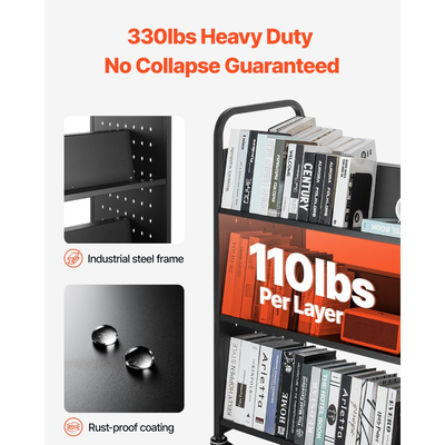 Τροχαίο καρότσι βιβλιοθήκης VEVOR, χωρητικότητας 150 kg, καρότσι βιβλιοθήκης 97 x 51,5 x 122,5 cm, ράφια διπλής όψης σε σχήμα W με κλειδώσιμες ρόδες 76,2 mm, καρότσι βιβλιοθήκης για ράφια σπιτιού, γραφείου και σχολείου, μαύρο