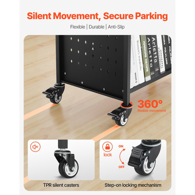 Τροχαίο καρότσι βιβλιοθήκης VEVOR, χωρητικότητας 150 kg, καρότσι βιβλιοθήκης 97 x 51,5 x 122,5 cm, ράφια διπλής όψης σε σχήμα W με κλειδώσιμες ρόδες 76,2 mm, καρότσι βιβλιοθήκης για ράφια σπιτιού, γραφείου και σχολείου, μαύρο