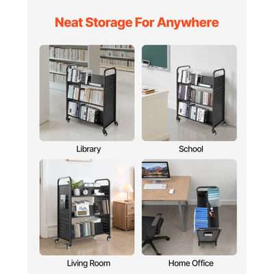 Τροχαίο καρότσι βιβλιοθήκης VEVOR, χωρητικότητας 150 kg, καρότσι βιβλιοθήκης 97 x 51,5 x 122,5 cm, ράφια διπλής όψης σε σχήμα W με κλειδώσιμες ρόδες 76,2 mm, καρότσι βιβλιοθήκης για ράφια σπιτιού, γραφείου και σχολείου, μαύρο