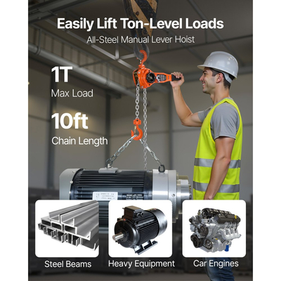 Αλυσίδα χειροκίνητης ανύψωσης VEVOR με μοχλό, χωρητικότητα 1T 1000KG βαρέως τύπου, αλυσίδα από κράμα χάλυβα G80 ανύψωσης 3M με μηχανικό φρένο διπλής αγκίστρωσης, περιστρεφόμενοι γάντζοι 360°, για αποθήκη και γκαράζ