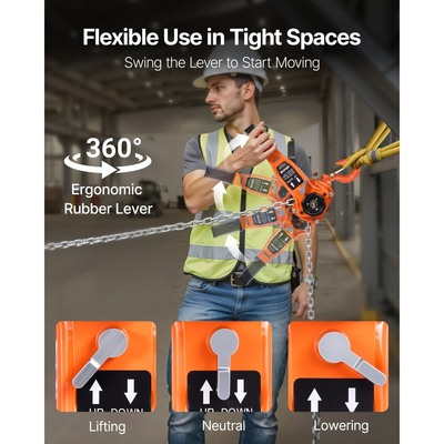 Αλυσίδα χειροκίνητης ανύψωσης VEVOR με μοχλό, χωρητικότητα 1T 1000KG βαρέως τύπου, αλυσίδα από κράμα χάλυβα G80 ανύψωσης 3M με μηχανικό φρένο διπλής αγκίστρωσης, περιστρεφόμενοι γάντζοι 360°, για αποθήκη και γκαράζ