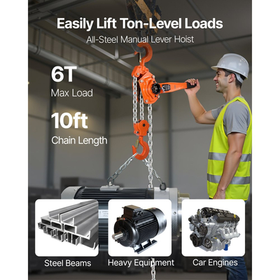 Αλυσίδα χειροκίνητης ανύψωσης VEVOR με μοχλό, χωρητικότητα 6T 6000KG βαρέως τύπου, αλυσίδα από κράμα χάλυβα G80 ανύψωσης 3M με μηχανικό φρένο διπλής αγκίστρωσης, περιστρεφόμενοι γάντζοι 360°, για αποθήκη και γκαράζ