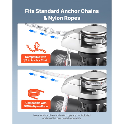 VEVOR Κάθετο Βαρούλκο Ψαρέματος, 12V DC 1100W, Συστήματα Αγκύρωσης Βαρούλκου Κατάλληλα για Αλυσίδα 6,35 mm ή Νάιλον Σχοινί 14,3 & 15,9 mm, Μέγιστη Ροπή 320 kg, Κατασκευή από Ανοξείδωτο Ατσάλι 316, για Σκάφη 6-11 m