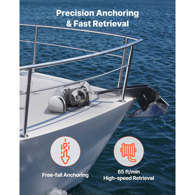 Οριζόντιο βαρούλκο ψαρέματος VEVOR, 12V DC 600W, Συστήματα αγκύρωσης βαρούλκου κατάλληλο για αλυσίδα 6,35 mm ή νάιλον σχοινί 14,3 & 15,9 mm, Μέγιστη έλξη 260 kg, κατασκευή από ανοξείδωτο χάλυβα 316, για σκάφη 7-9 m
