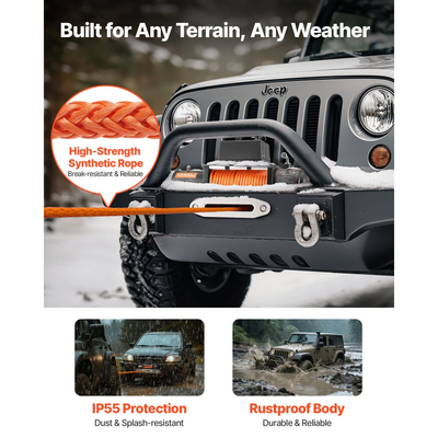 Ηλεκτρικό βαρούλκο VEVOR, χωρητικότητα φορτίου 5400 kg, βαρούλκο φορτηγού 12V DC με συνθετικό σχοινί Φ9.1 mm x 23 m, ασύρματο και ενσύρματο τηλεχειριστήριο, αδιάβροχο IP55 για ρυμούλκηση εκτός δρόμου SUV, τζιπ, ρυμουλκούμενου σκάφους